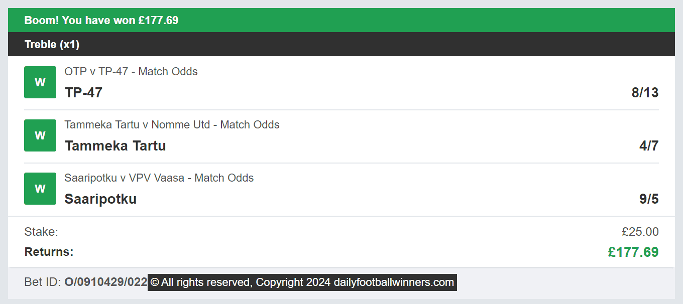 Daily Football Winners - Winner Treble - 2024-07-04